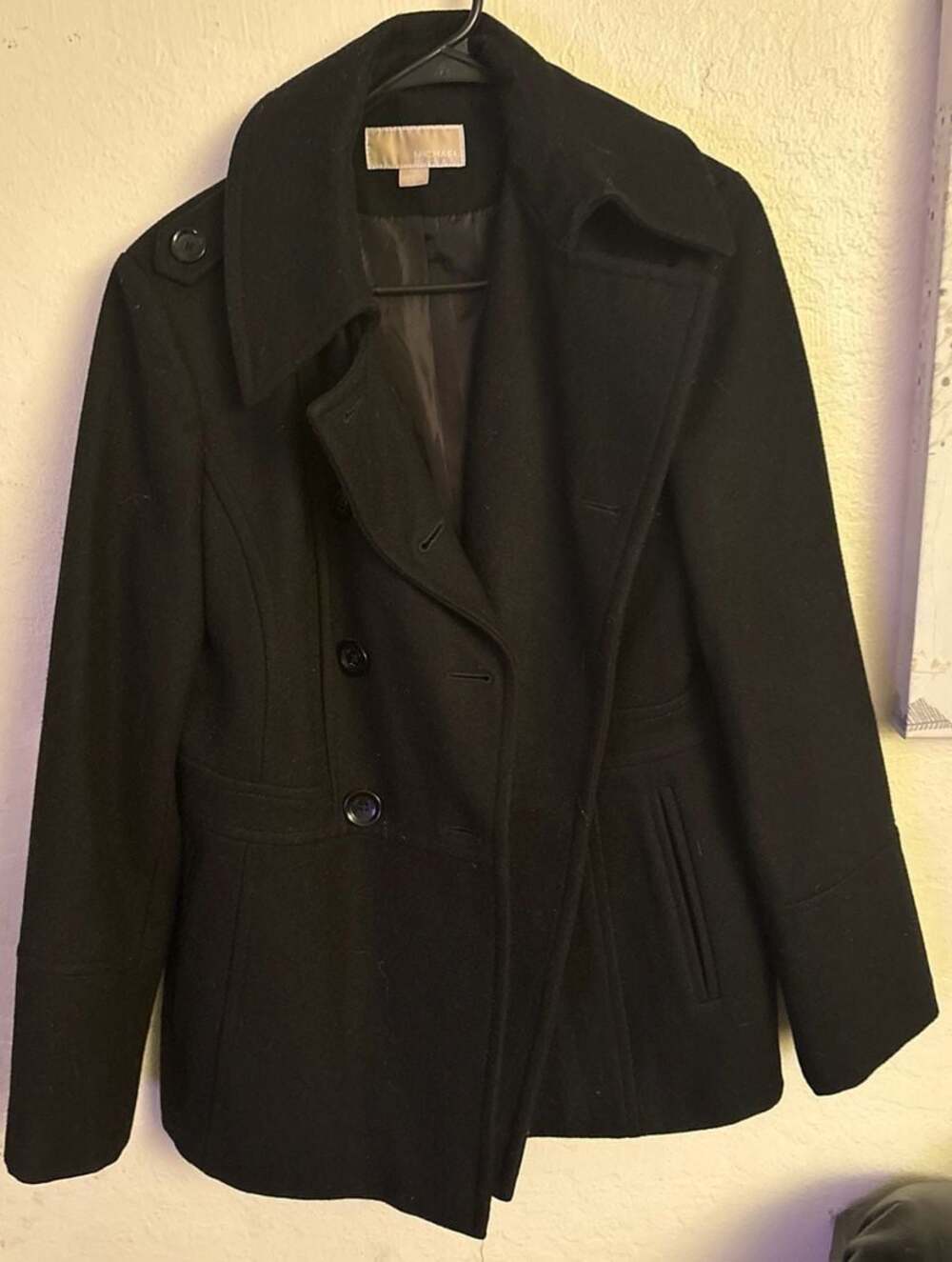 Michael Kors Double Breasted Wool Blend Peacoat in Black